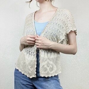 Vintage y2k Covington Beige Crochet Knit Short Sleeve Cardigan Sweater Size L